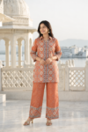 VEDEERA Dessert Rose Ajrakh Inspired Natural Crape Co-ord Set - Relaxed Fit Modern Casual 2-Piece Outfit for Women.