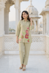 VEDEERA Soft Sage Green Floral Embroidered Cotton Co-ord Set - Relaxed Fit Modern Casual 2-Piece Outfit for Women