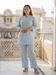 VEDEERA Powder Blue Strip Embroidery Cotton Co-ord Set - Relaxed Fit Modern Casual 2-Piece Outfit for Women