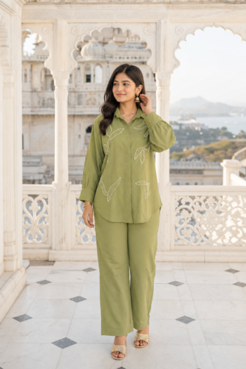 VEDEERA Soft Green Embroidery Cotton Co-ord Set - Relaxed Fit Modern Casual 2-Piece Outfit for Women