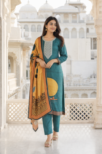 VEDEERA Green Embroidered Rayon 3-Piece Kurta Set - Comfort Fit Smart Casual Women's Daily Wear