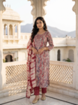 VEDEERA Crimson Meadow multi-print Embroidered Rayon 3-Piece Kurta Set - Comfort Fit Smart Casual Women's Daily Wear