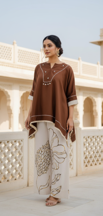 VEDEERA Brown Premium Printed Cotton Linen Blend Co-ord Set - Relaxed Fit Outfit for Women