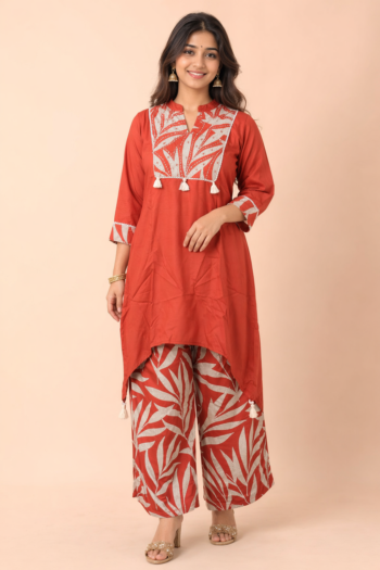 VEDEERA Rust Terracotta high-low Pure Rayon Printed Co-ord Set - Relaxed Fit Modern Casual 2-Piece Outfit for Women.