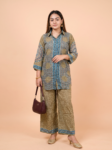 VEDEERA Sage Green Indigo Ajrakh Inspired Natural Crape Co-ord Set - Relaxed Fit Modern Casual 2-Piece Outfit for Women.