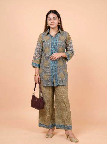 VEDEERA Sage Green Indigo Ajrakh Inspired Natural Crape Co-ord Set - Relaxed Fit Modern Casual 2-Piece Outfit for Women.