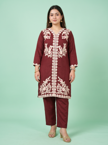 VEDEERA Maroon Premium Breathable Rayon Embroidery Set - Relaxed Fit Modern Casual 2-Piece Outfit for Women 