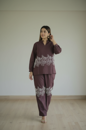 VEDEERA  Taupe Brown Premium Cotton Embroidered Co-ord Set - Relaxed Fit Modern Casual Outfit for Women