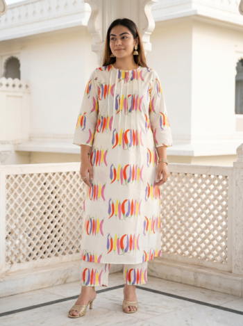 VEDEERA Chilly Printed Pure Mul Cotton 2-Piece Kurta Palazzo Set - Comfort Fit Smart Casual Women's Daily Wear