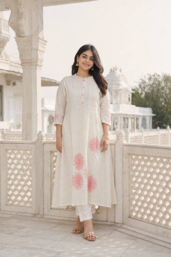 VEDEERA Blush dahlia flared Floral Printed Pure Mul Cotton 2-Piece Kurta Palazzo Set - Comfort Fit Smart Casual Daily Wear
