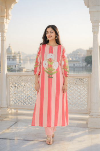 VEDEERA Floral Stripe Printed Mul Cotton 2-Piece Kurta Palazzo Set - Comfort Fit Smart Casual Women's Daily Wear