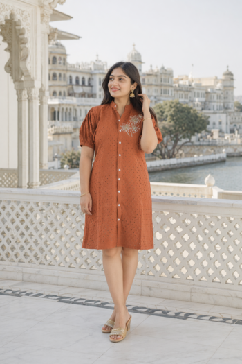 VEDEERA Rust Orange Paneled Cotton Western Dress - Modern Indo-Western Flowy Maxi One Piece Women's Outfit
