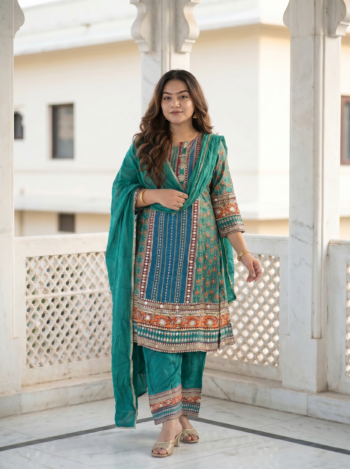 VEDEERA Green Floral Printed Mirror Work Pure Silk Flex 3-Piece Salwar Kameez Set with Dupatta - Elegant Straight Fit Ready-to-Wear Women' South Asian Traditional Suit
