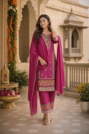 VEDEERA Rani Printed Embroidered Pure Silk 3-Piece Salwar Kameez Set with Dupatta - Elegant Straight Fit Ready-to-Wear South Asian Traditional Suit