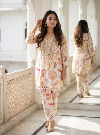 VEDEERA Ivory Premium Cotton Printed Handwork Co-ord Set - Relaxed Fit Modern Casual Outfit for Women