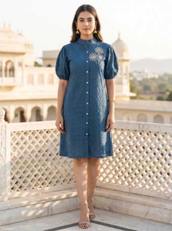 VEDEERA Indigo Blue Paneled Cotton Western Dress - Modern Indo-Western Flowy Maxi One Piece Women's Outfit