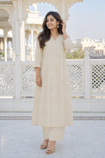VEDEERA Ivory Lakhnavi Rayon 2-Piece Kurta Palazzo Set - Elegant Ethnic Women's Wear
