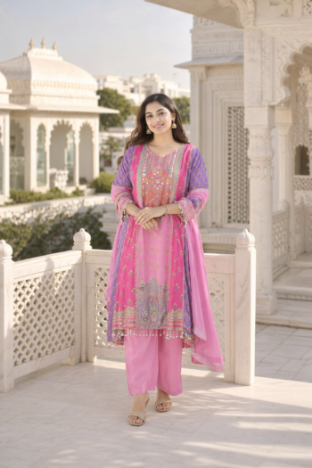 VEDEERA Pink Printed Embroidered Pure Silk 3-Piece Salwar Kameez Set with Dupatta - Elegant Flared Fit Ready-to-Wear South Asian Traditional Suit