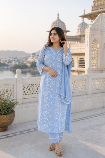 VEDEERA Sky Blue Chikankari Cotton Silk 3-Piece Salwar Kameez Set with Dupatta - Elegant Straight Fit Ready-to-Wear Women's Traditional Suit
