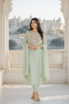 VEDEERA Sage Green Kashmiri Embroidered Cotton 3-Piece Kurta Set with Dupatta - Elegant Straight Fit Ready-to-Wear Women's Suit