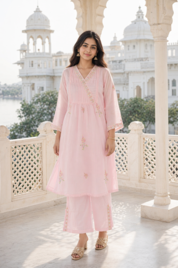 VEDEERA Rose Pink Embroidered Mul Pure Cotton 2-Piece Kurta Palazzo Set - Comfort Fit Smart Casual Women's Daily Wear