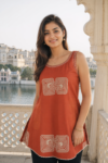 VEDEERA Rust terracotta Abstract sleeveless Print Premium Cotton Tunic Top - Fusion Indo-Western Short Kurti for Women