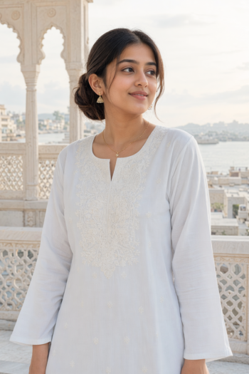 VEDEERA Ivory Embroidered Premium Rayon Tunic Top - Fusion Indo-Western Short Kurti for Women