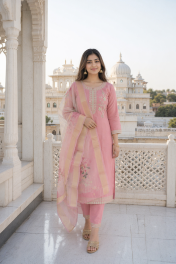 VEDEERA Rose Pink Embroidered Cotton 3-Piece Salwar Kameez Set with Dupatta - Elegant Straight Fit Ready-to-Wear Women's Traditional Suit