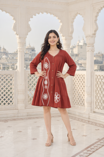 VEDEERA Rust Orange Dori Work Cotton Western Dress - Contemporary Smart Casual One Piece Women's Outfit