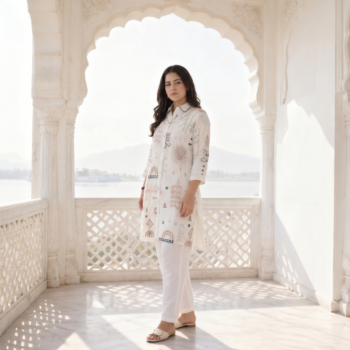 VEDEERA Ivory Premium Cotton Embroidered Co-ord Set - Relaxed Fit Modern Casual Outfit for Women