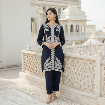 VEDEERA Midnight Navy Blue Kashmiri Embroidered Rayon Co-ord Set - Relaxed Fit Modern Casual 2-Piece Outfit for Women.