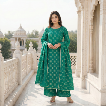 Vedeera Emerald Green Geometric Print Rayon 3-Piece Salwar Kameez Set with Dupatta - Elegant Palazzo Ready-to-Wear South Asian Traditional Suit