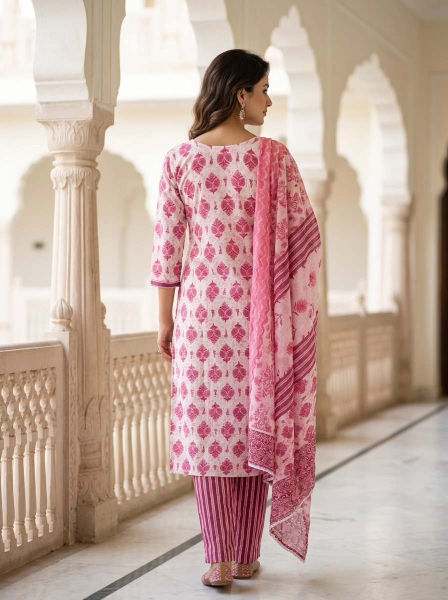 Premium Pink Printed Cotton 3-Piece Salwar Suit Set for Women Premium Pink Printed Cotton 3-Piece Salwar Suit Set for Women