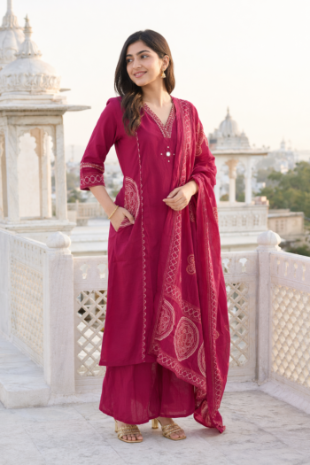 VEDEERA Wine Pink Embroidered Printed Cotton 3-Piece Salwar Kameez Set with Dupatta - Elegant Straight Fit Ready-to-Wear Women's Traditional Suit