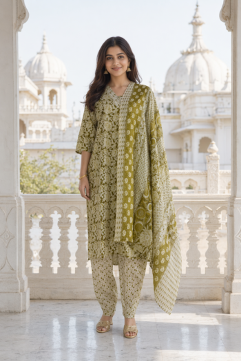 VEDEERA Sage Green Printed Cotton 3-Piece Salwar Kameez Set with Dupatta - Elegant Straight Fit Ready-to-Wear Women's Traditional Suit