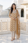 VEDEERA Amber Merigold Printed Cotton 3-Piece Salwar Kameez Set with Dupatta - Elegant Straight Fit Ready-to-Wear Women's Traditional Suit