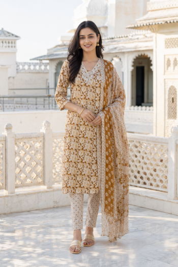 VEDEERA Amber Merigold Printed Cotton 3-Piece Salwar Kameez Set with Dupatta - Elegant Straight Fit Ready-to-Wear Women's Traditional Suit