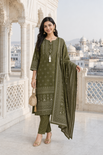 VEDEERA Olive Printed Cotton 3-Piece Salwar Kameez Set with Dupatta - Elegant Straight Fit Ready-to-Wear Women's Traditional Suit