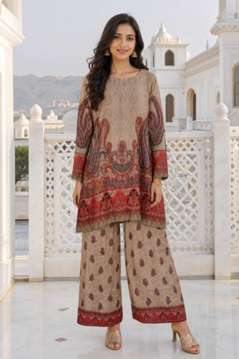 VEDEERA Beige Paisley Printed Turkish Rayon Co-ord Set - Relaxed Fit Modern Casual 2-Piece Outfit for Women.