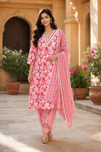 VEDEERA Soft Pink Printed Cotton 3-Piece Salwar Kameez Set with Dupatta - Elegant Straight Fit Ready-to-Wear Women's Traditional Suit