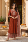 VEDEERA Rust Terracotta Printed Cotton 3-Piece Salwar Kameez Set with Dupatta - Elegant Straight Fit Ready-to-Wear Women's Traditional Suit