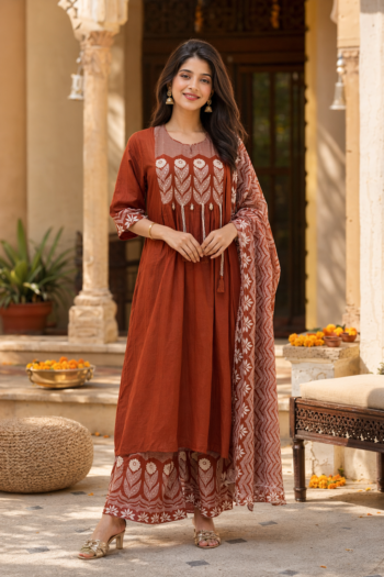 VEDEERA Rust Terracotta Printed Cotton 3-Piece Salwar Kameez Set with Dupatta - Elegant Straight Fit Ready-to-Wear Women's Traditional Suit