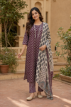 VEDEERA Plum Purple Printed Cotton 3-Piece Salwar Kameez Set with Dupatta - Elegant Straight Fit Ready-to-Wear Women's Traditional Suit