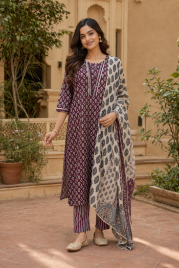 VEDEERA Plum Purple Printed Cotton 3-Piece Salwar Kameez Set with Dupatta - Elegant Straight Fit Ready-to-Wear Women's Traditional Suit