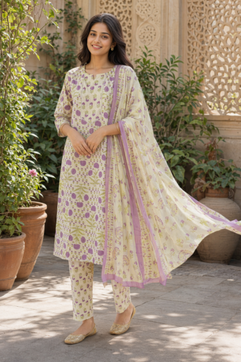 VEDEERA Soft Ivory Pastel Floral Printed Cotton 3-Piece Salwar Kameez Set with Dupatta - Elegant Straight Fit Ready-to-Wear Women's Traditional Suit
