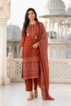 VEDEERA Rust Terracotta Printed Cotton 3-Piece Salwar Kameez Set with Dupatta - Elegant Straight Fit Ready-to-Wear Women's Traditional Suit