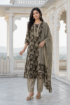 VEDEERA Olive Printed Cotton 3-Piece Salwar Kameez Set with Dupatta - Elegant Straight Fit Ready-to-Wear Women's Traditional Suit