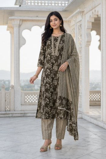 VEDEERA Olive Printed Cotton 3-Piece Salwar Kameez Set with Dupatta - Elegant Straight Fit Ready-to-Wear Women's Traditional Suit