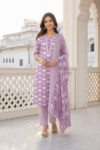 VEDEERA Lavender Blossom Printed Cotton 3-Piece Salwar Kameez Set with Dupatta - Elegant Straight Fit Ready-to-Wear Women's Traditional Suit