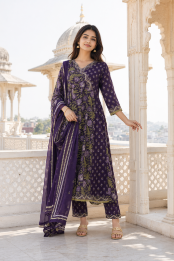 VEDEERA Royal Plum Purple Angrakha Printed Cotton 3-Piece Salwar Kameez Set with Dupatta - Elegant Straight Fit Ready-to-Wear Women's Traditional Suit